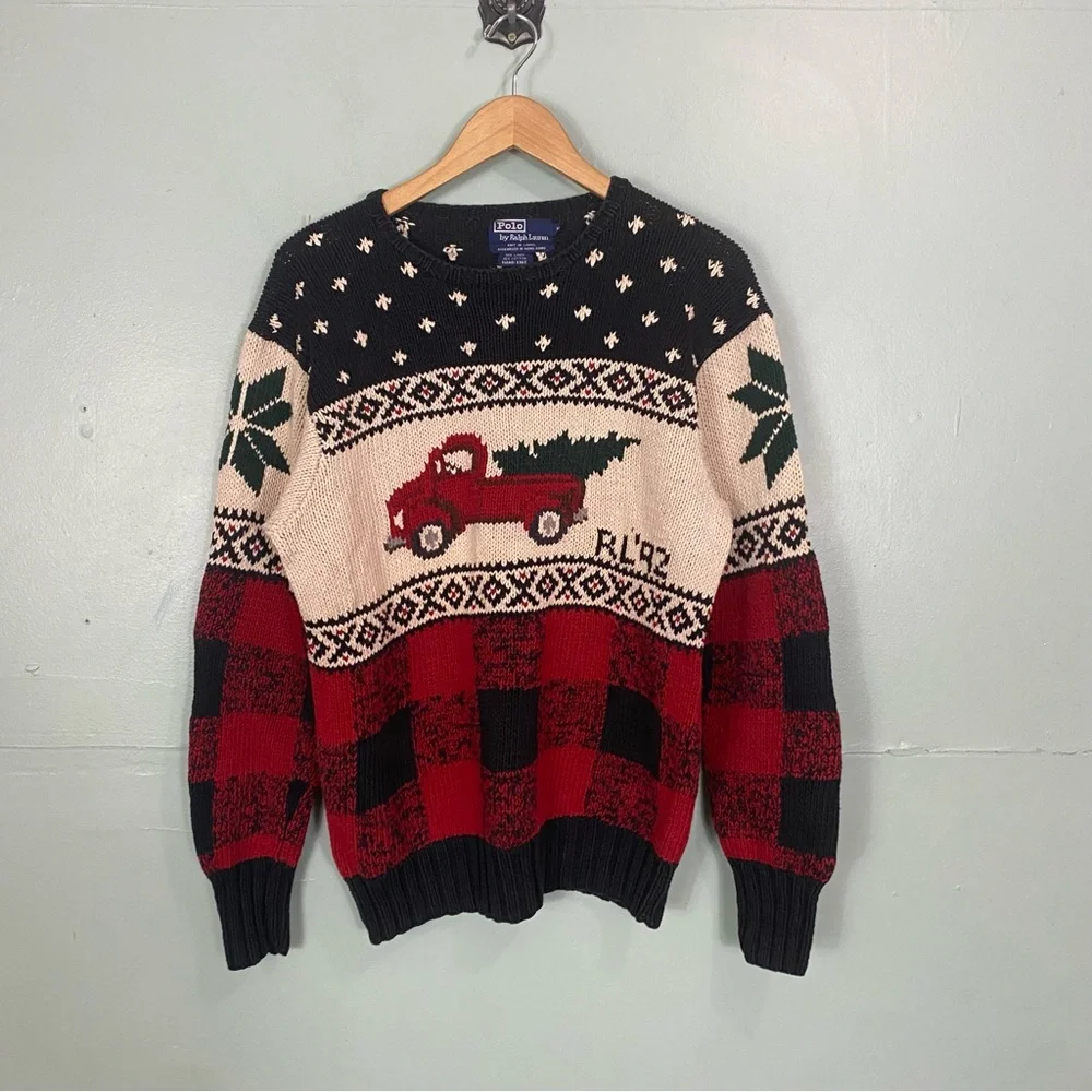 Vtg Polo Ralph‎ Lauren Christmas Holiday Truck Carlton Sweater 1992 Medium
